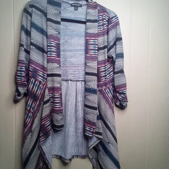 About A Girl Open Front Blouse Top M 3/4 Sleeve Stripe Colorful - Picture 12 of 13